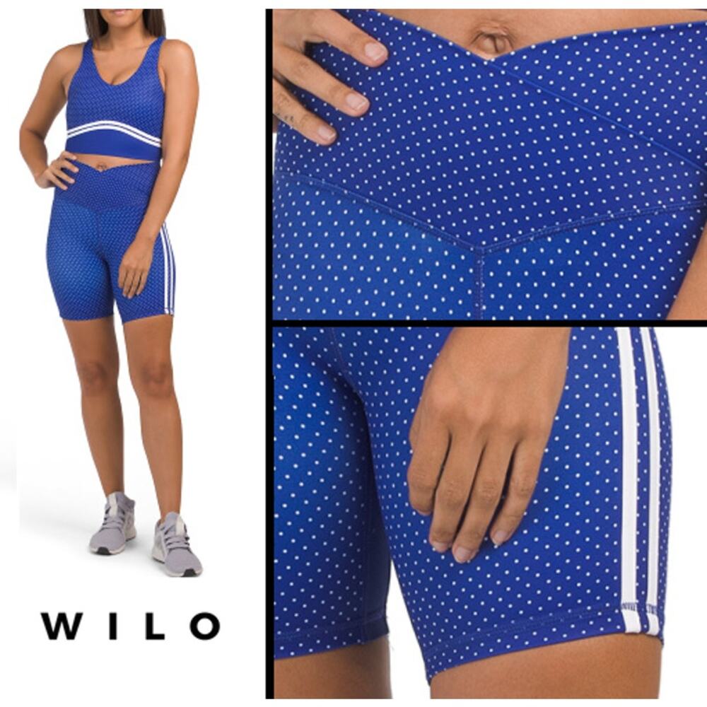 Wilo | Blue & White Polka Dot Side Strip Cross-Over V-Waist Biker Shorts